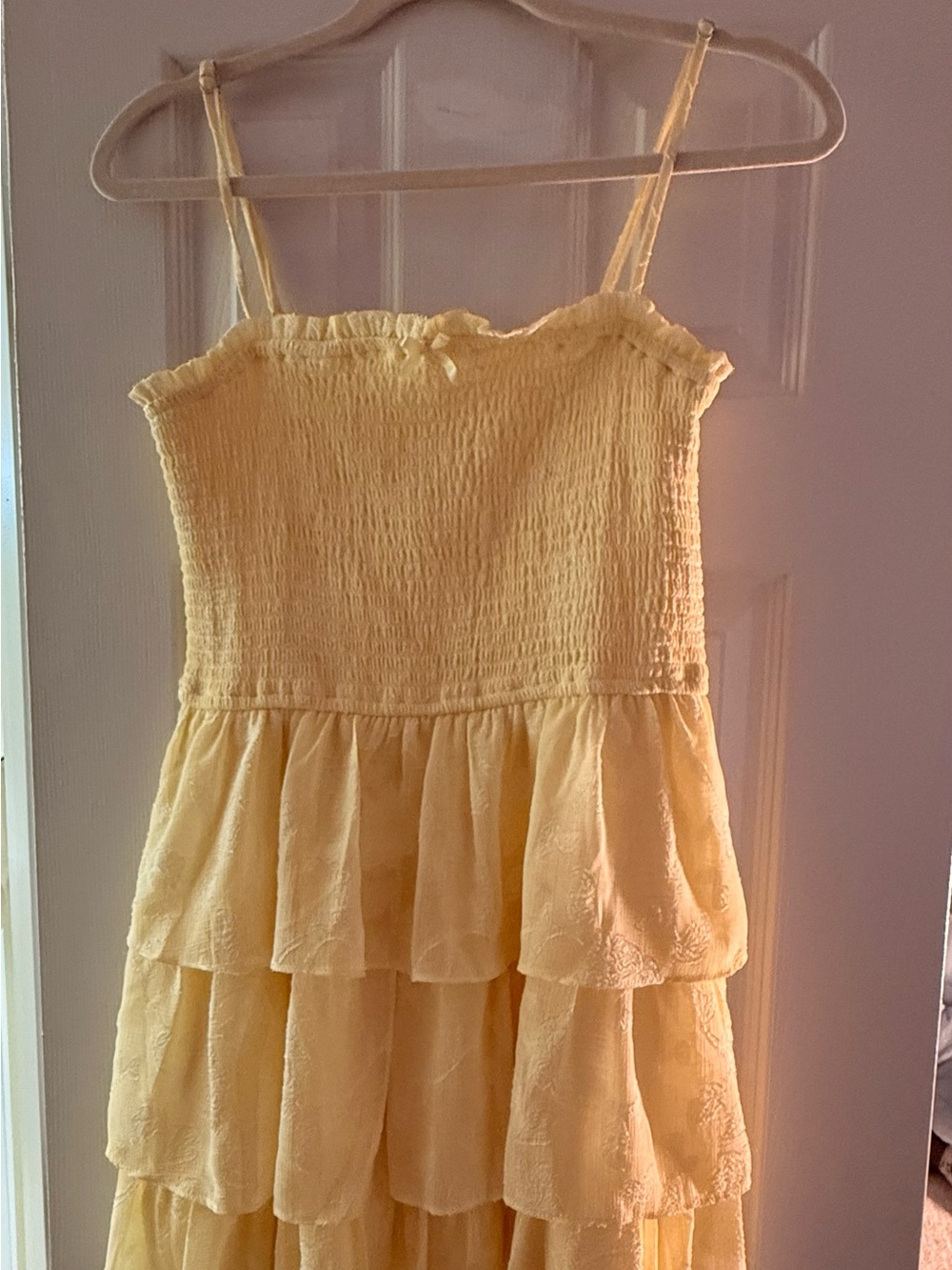 Altar'd State Soft Yellow Smocked Tiered Mini Dress - size L